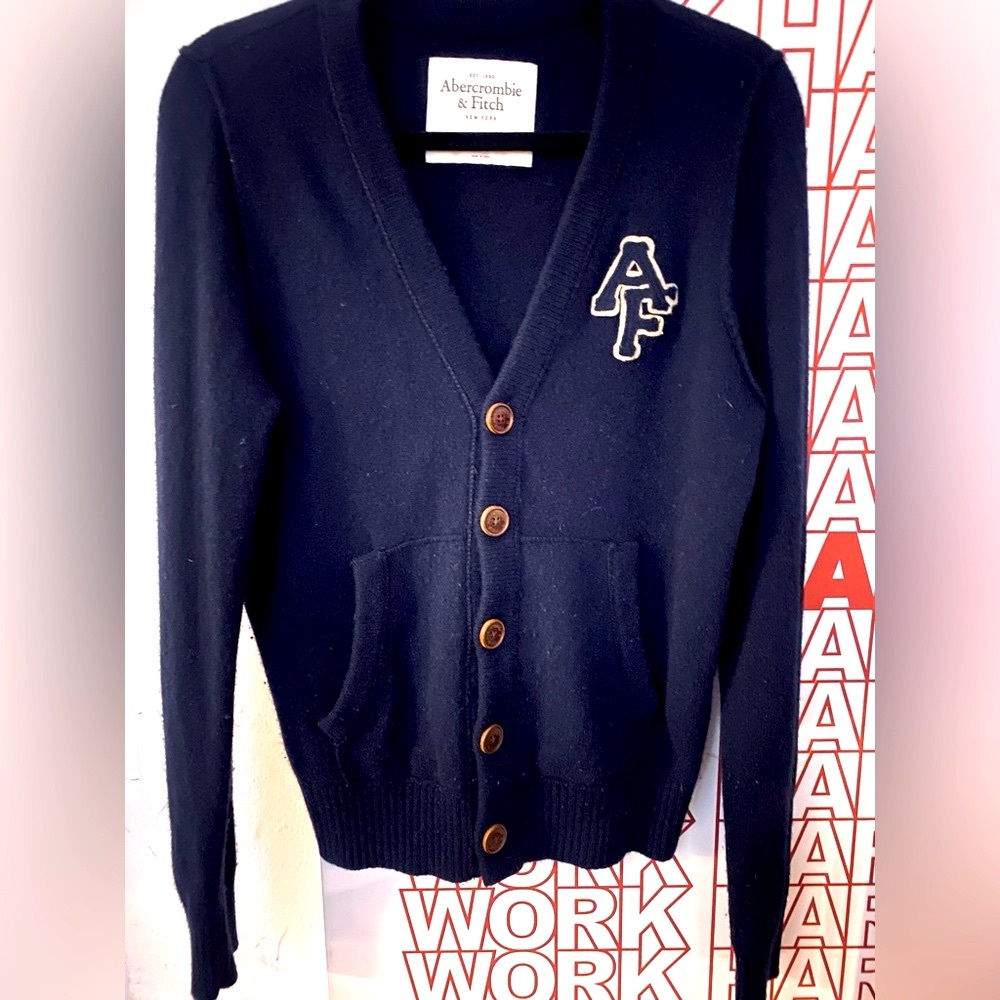 Abercrombie & Fitch Navy Cashmere/Wool With Logo Cardigan Sweater  Mens Medium
